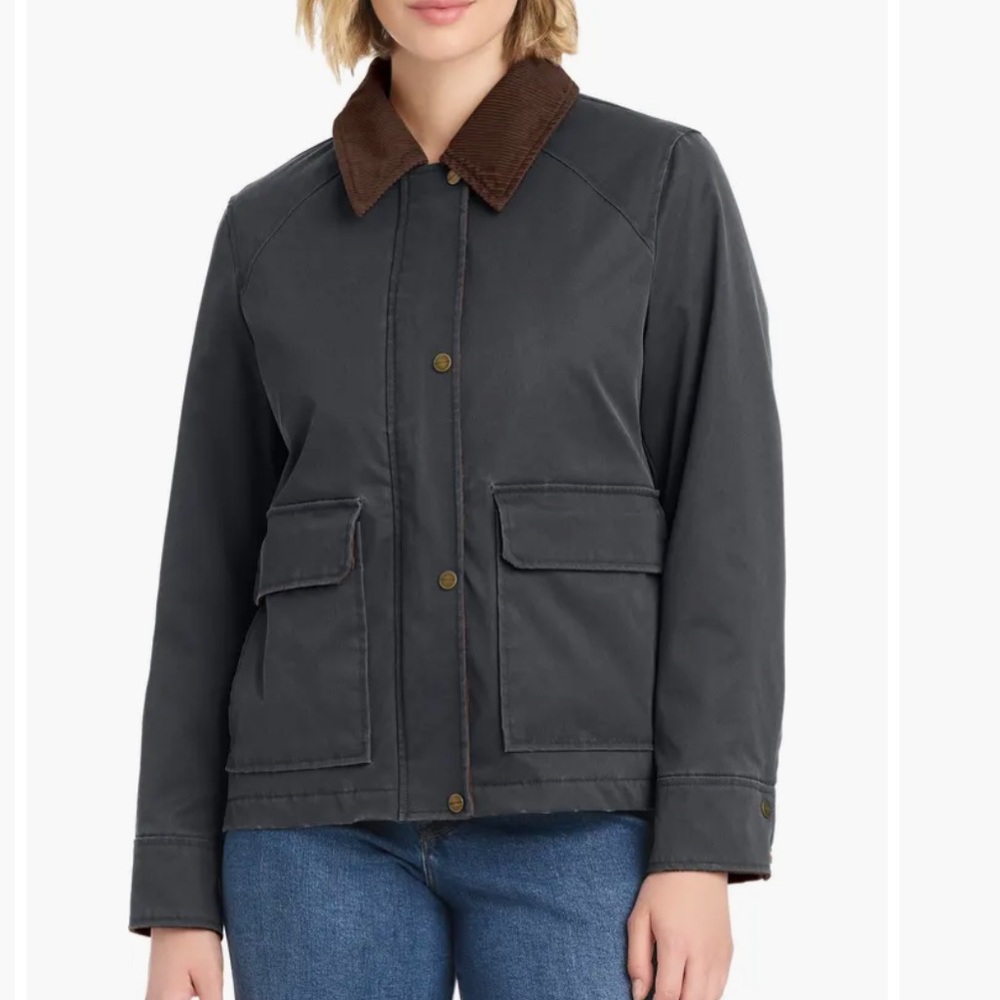 MODERN SUPPLY BY SANCTUARY HOODED WAXED JACKET BARN CHORE COAT‎ CORDUROY COLLAR - Picture 3 of 16